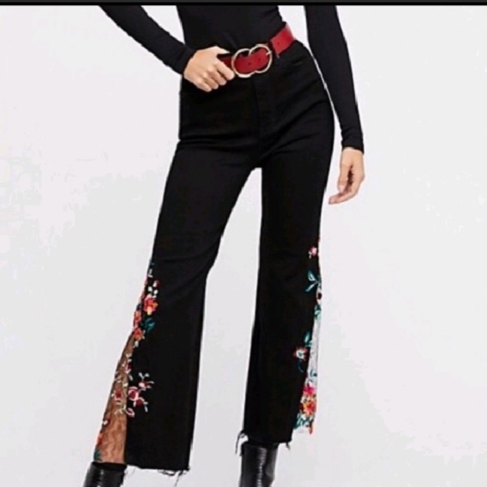 NWOT Free People Black High Rise Flare Lace Pants